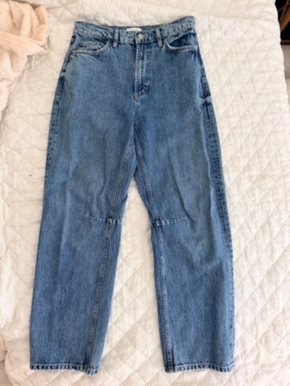 nuuds Relaxed Barrel Jeans 27, Light Wash, Paneled Knee Seams, Denim